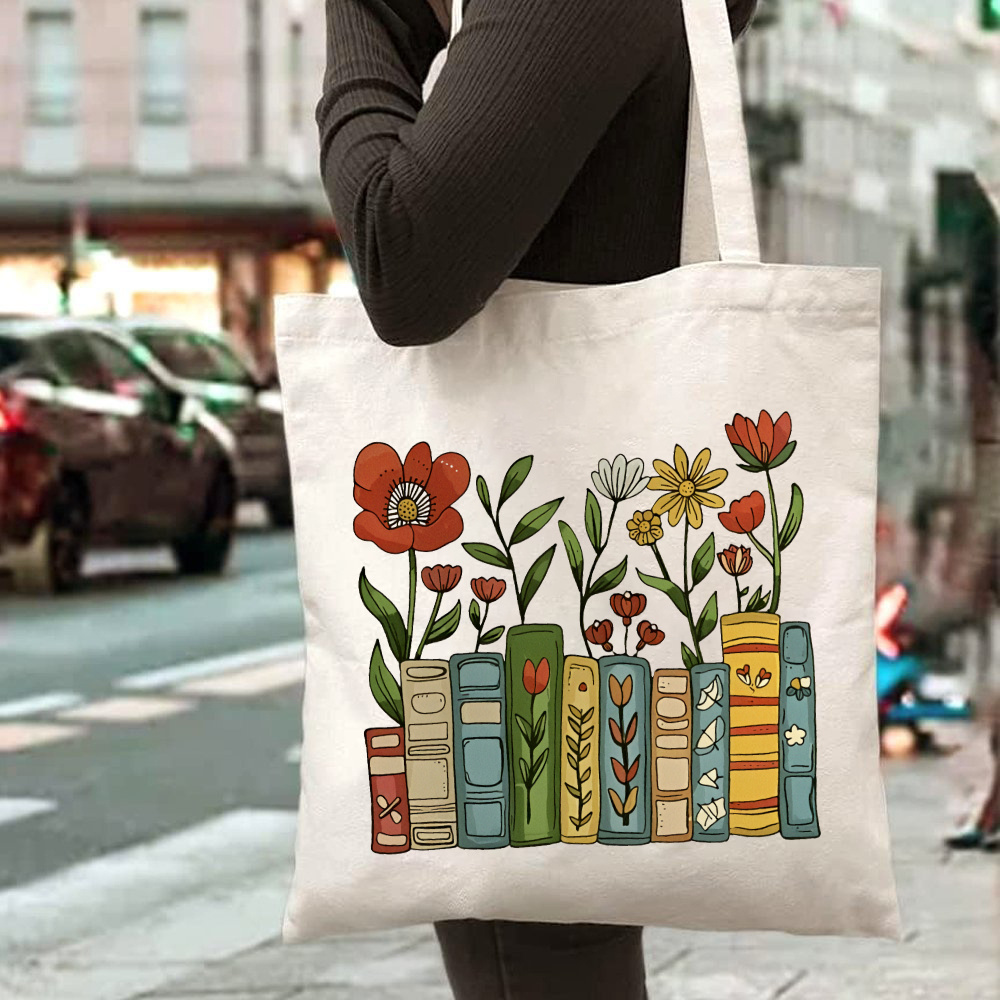 Women Hand Bags For Office - حقيبة حمل بطبعة رف كتب، سعة